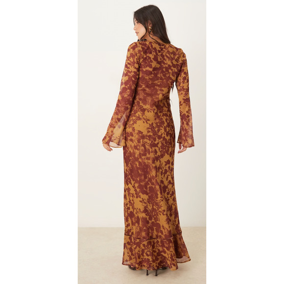 ASOS Ruched Bust Long Sleeve Maxi Dress Womens Size 14 Orange Abstract New - Picture 2 of 16